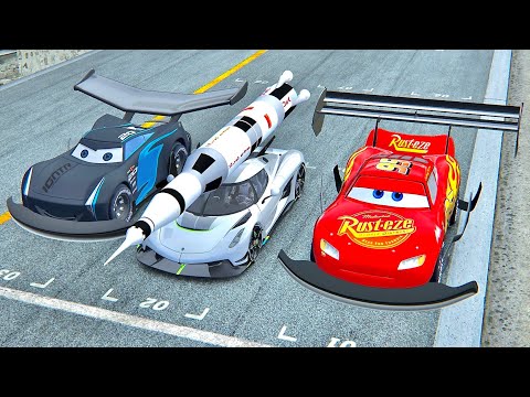 Lightning McQueen GTR vs Koenigsegg Jesko Saturn V Rocket Engine vs Jackson Storm GTR - Drag Race