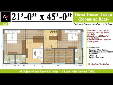 21x45 Guest House ka Naksha | 945 Sqft - 105 Gaj ki Dukaan | 3 Room Set Attached Toilet | Floor Plan