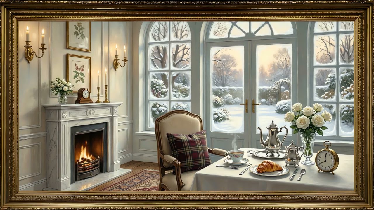Animated Elegant Tea Room Fireplace Gold Frame TV | 2 Hrs 4K — 4K ambient art screensaver in baroque gold frame