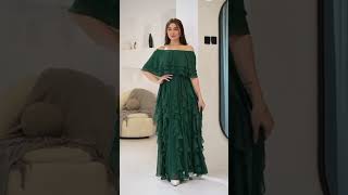 فستان ناعم شيفون ستايل اوشولدر مزين بكرانيش