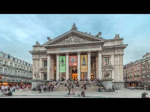 Hyperlapse of the Brussels Stock Exchange facade near Grand Place. Belgium