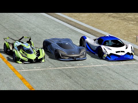 Devel Sixteen vs SRT Tomahawk X VGT vs Lamborghini V12 Concept GT - Drag Race 20 KM