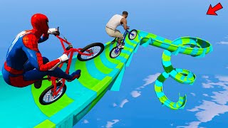 Spider-man Bicycle and Franklin Stunt Race Challenge on Waterslide - GTA 5