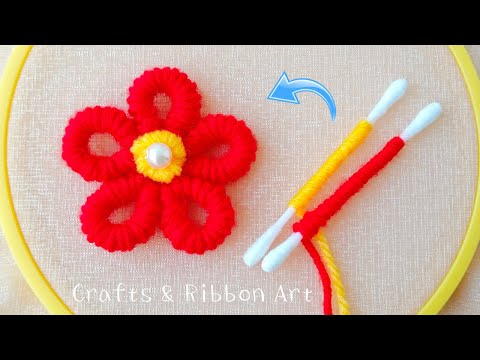 Super Easy Woolen Flower Making Trick Using Cotton Bud - Hand Embroidery Amazing Flower Craft Ideas