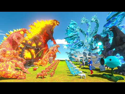 Team Fire + Thermonuclear Godzilla VS King Ghidorah + Team Ice - Animal Revolt Battle Simulator