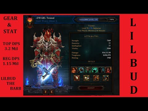Diablo III RoS - 3.2 Million DPS Character Sheet Lilbud The Barb 1.15 Mil DPS 13.6 Mil Tough