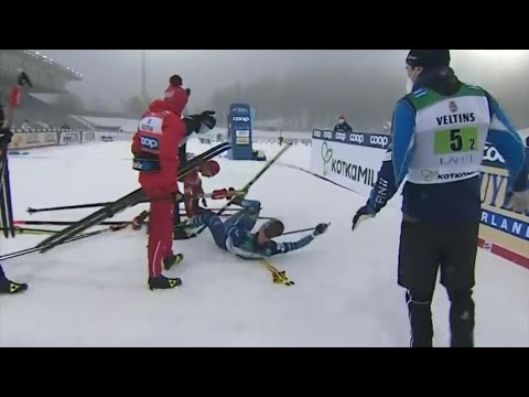 Skier tackles opponent after finish line, a breakdown