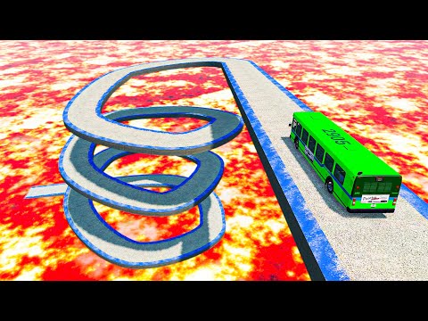 Impossible Spiral Bridge Crossing Stunt Cars Vs Cliff and Deep Lava Crosses Road - BeamNG.Drive