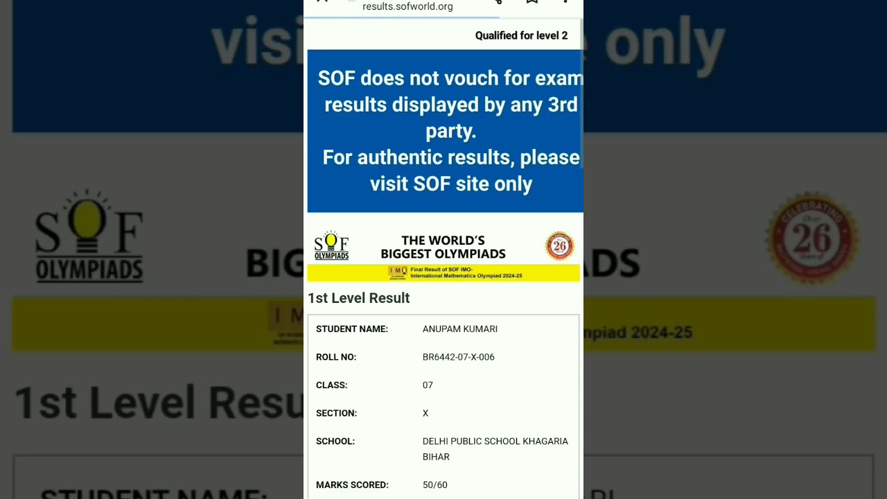 sof imo level 1 results declared 2024 - 2025.....  qualified for level 2🥳🥳. #imo#results#trending