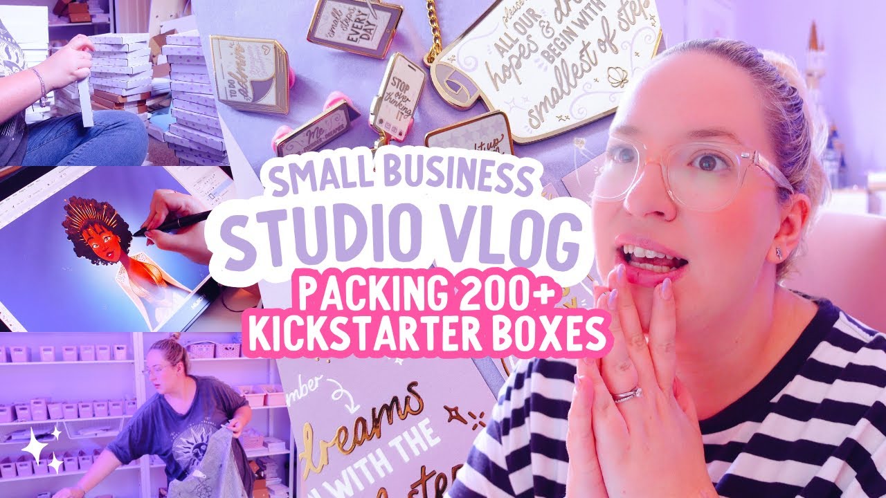 Packing 200+ KICKSTARTER Boxes! 😭💜 STUDIO VLOG | Emily Harvey Art