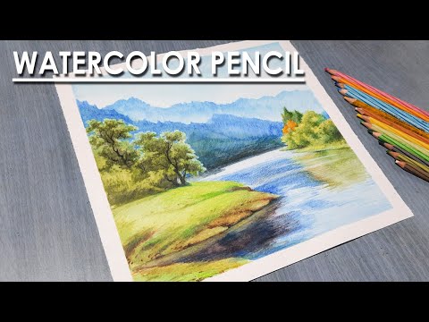 Watercolor Pencil Techniques Beautiful Landscape Mountains and River | steps to follow