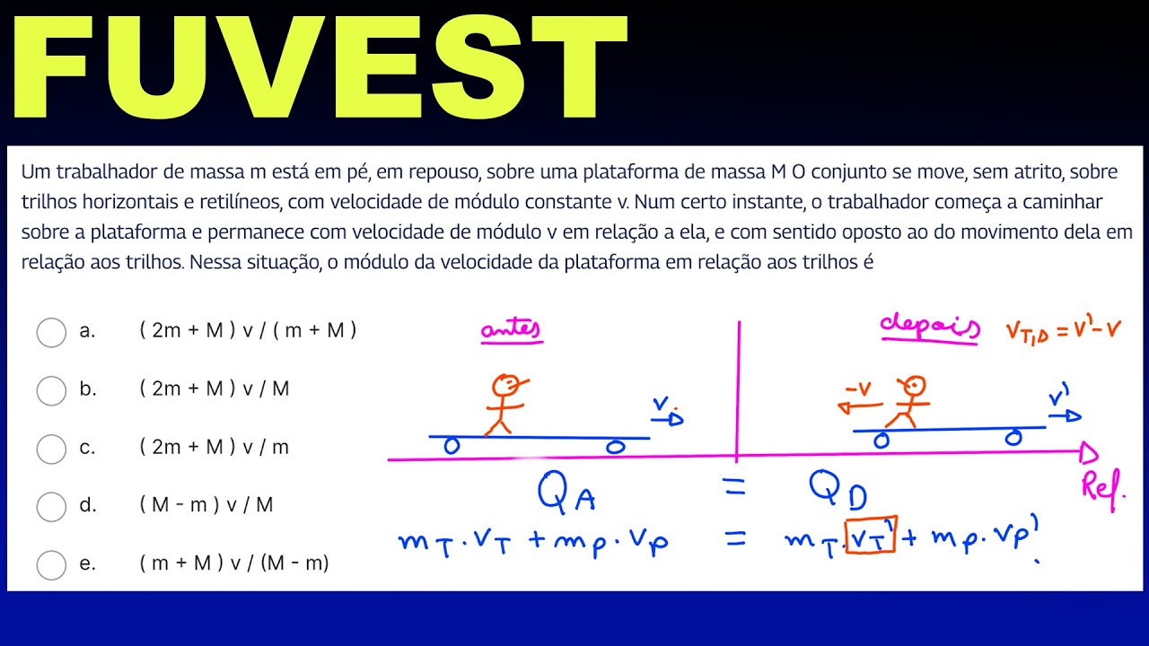 Fuvest Um trabalhador de massa m está em pé, em repouso, sobre uma plataforma de massa M.