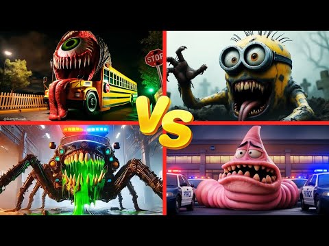 School Bus Monster 🆚 Minion Zombie 🆚 Police Car 🆚 PATRICK.EXE 🎶 Tiles Hop