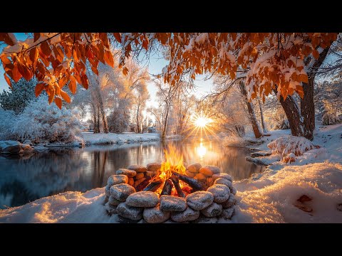 Sunny Winter Day Ambience ❄️🔥 Crackling Fire by the Stream & Calm Golden Nature Sounds