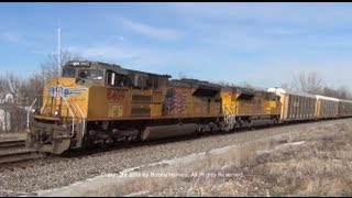 preview picture of video 'SD70ACe's lead UP autorack train in Gorin, MO 1/8/13'