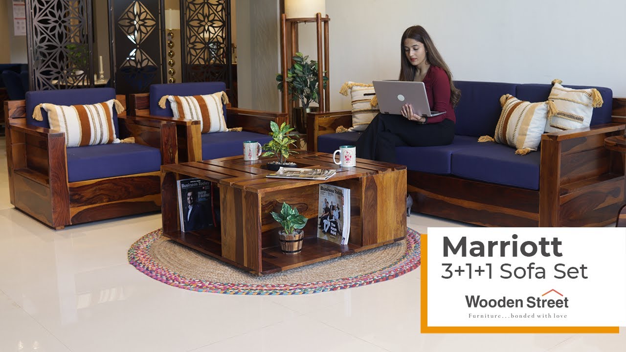 Latest Wooden Sofa Design 2023 | Marriott Wooden Sofa 3+1+1 Set by Wooden Street