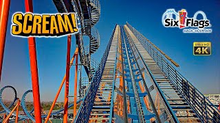 June 2024 Scream Floorless Roller Coaster On Ride Front Row 4K POV Six Flags Magic Mountain