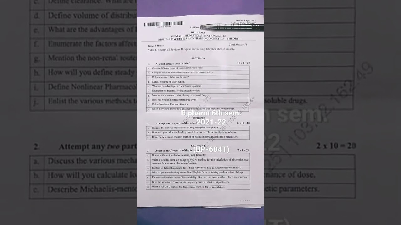 AKTU previous year question paper of B pharm (6th sem. ) of biopharmaceutics and pharmacokinetics. T