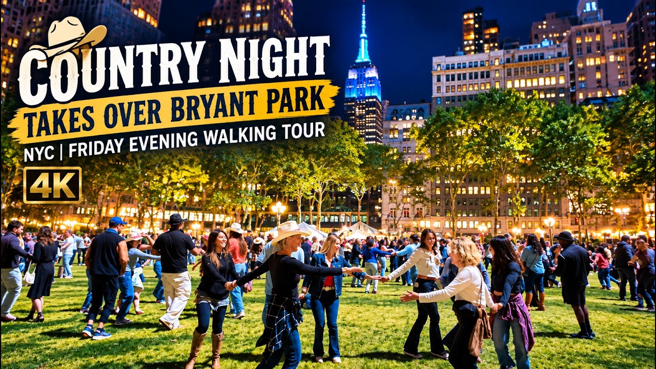 Country Line Dancing Takes Over Bryant Park, NYC 🤠 | 4K Night Walking Tour