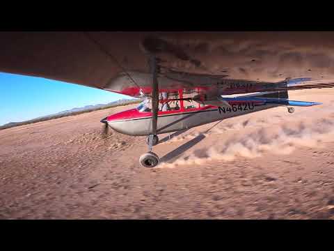 Cessna 180 Skywagon landing in the dirt.