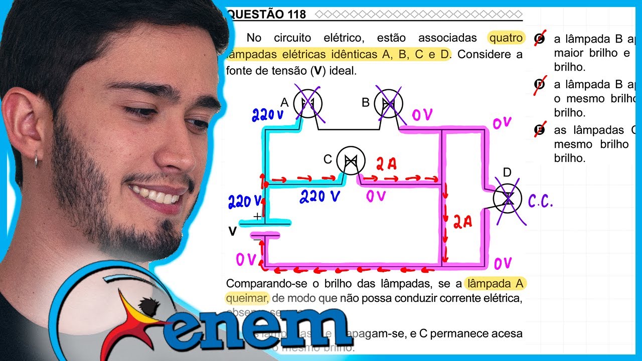 ENEM 2022 PPL - No circuito elétrico, estão associadas quatro lâmpadas elétricas idênticas A, B, C e