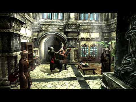 Skyrim, Become a bard mod, Danvar playing the lute with Rayne singing