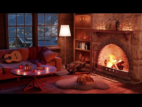 Cozy Winter Hut Ambience with Cat - Snowstorm Sounds and Crackling Fireplace