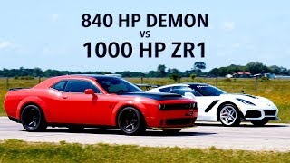 840 HP Dodge Demon vs 1000 HP Hennessey ZR1 Corvette Roll Racing