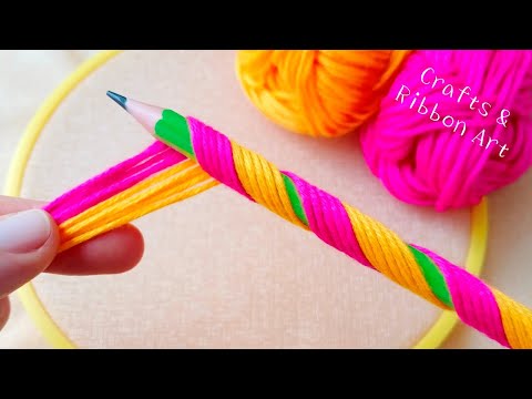 It's so Cutee !! Superb Woolen Flower Craft Ideas with Pencil - Hand Embroidery Amazing Trick
