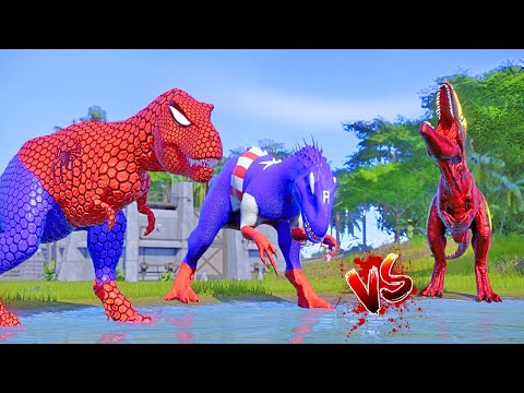 Captain America I-Rex vs Spider-Man T-Rex, Godzilla, Superman, Iron Man Dinosaurs Fighting