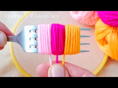 2 Superb Woolen Flower Making Trick Using Fork - Hand Embroidery Amazing Flower Design - Sewing Hack