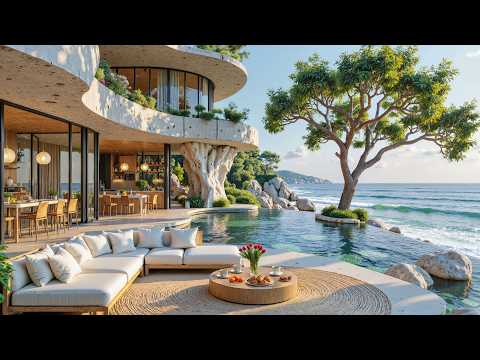 Elegant Seaside Ambience With Soft Jazz Music || A Relaxing Lounge Space & Gentle Waves for Unwind