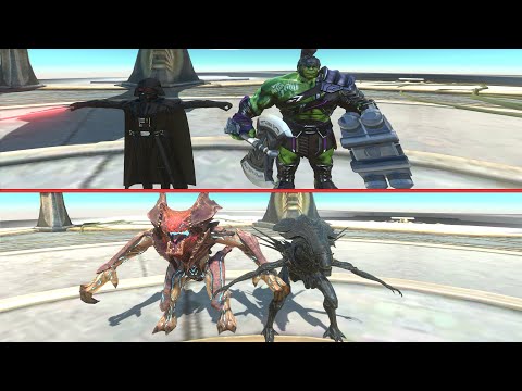 KNIGHT GLADIATOR  AND DARTHVADER VS SPACEMONSTER RAIJIN AND XENORPH - Animal Revolt Battle Simulator