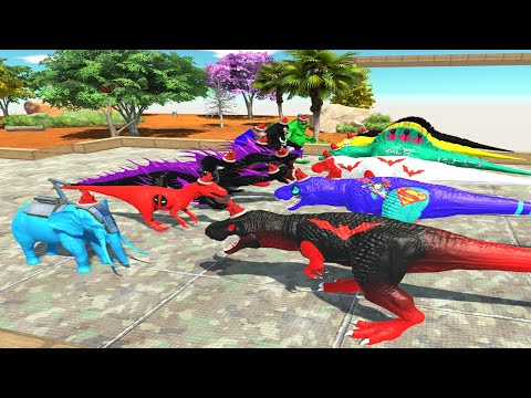 TEAM SUPERHERO T REX AND SPINOSAURUS DEATH RUN - Animal Revolt Battle Simulator