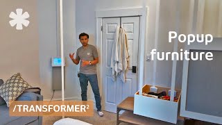 Transformer furniture hidden on ceiling deploys by command