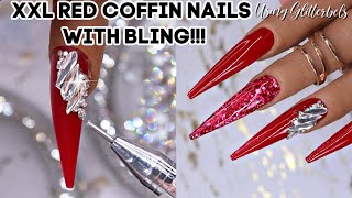 RED COFFIN NAILS WITH BLING - ACRYLIC NAILS 2020