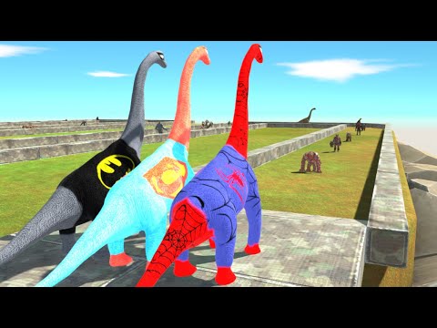 3x SPIDER-MAN SUPER MAN BATMAN BRACHIOSAURUS DEATH RUN TOUR - Animal Revolt Battle Simulator
