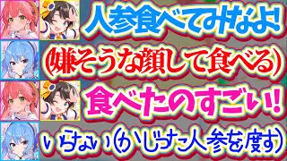 【星街家】野菜嫌いなのにみこスバに促され『野菜スティック(人参)』を頑張って食べてみた結果、速攻で齧りかけをスバルに渡してしまうすいちゃんw【ホロライブ切り抜き/さくらみこ/星街すいせい/大空スバル】