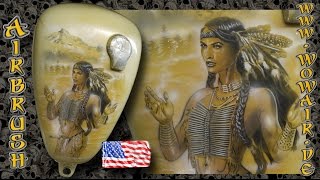 Airbrush by Wow No.563 " Bike gas tank native American Girl " with english commentary HD
