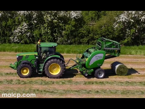 JD 6215R, 6930 & 6130R tractors baling, carting and wrapping silage at Brights Farm, Bramfield.