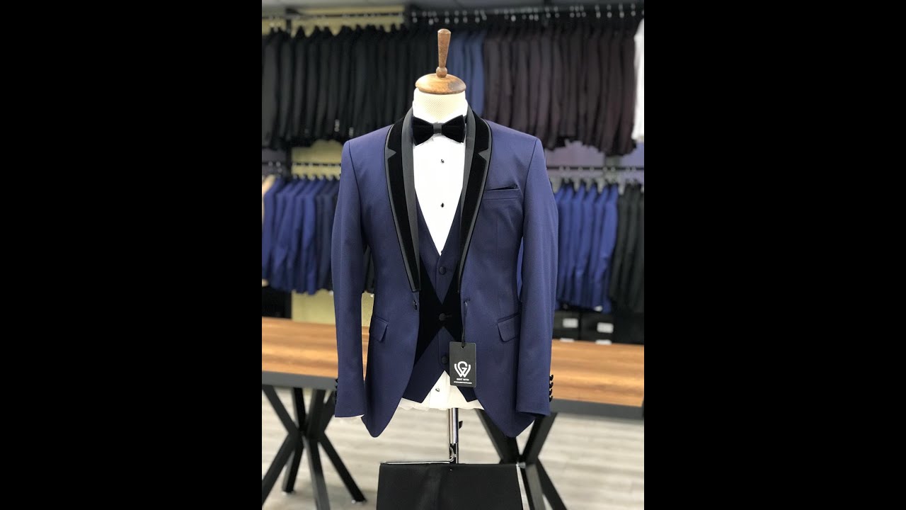 GENTWITH Navy Blue Slim Fit Velvet Shawl Lapel Tuxedo