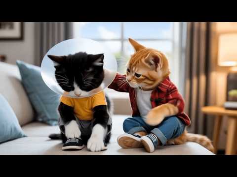 Orange Cat Scully Helps Injured Pal Owen Wearing Cone, Cats Doing Human Things, Heartwarming Story❤️
