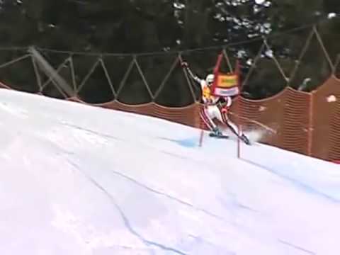 Yannick Bertrand takes a slalom gate to the groin
