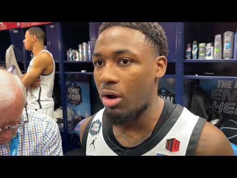 Darrion Trammell postgame locker room after San Diego State Aztecs win Final 4 game vs FAU Owls