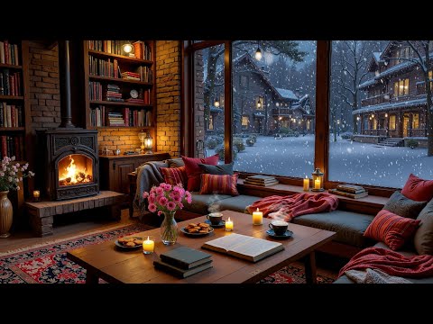 Cozy Winter Café Ambience ❄️ Smooth Music & Warm Fireplace Sounds for Relaxation and Study