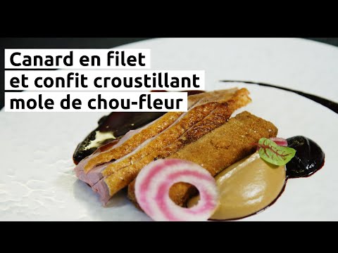 Canard en filet et confit croustillant, mole de chou-fleur
