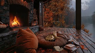Gentle Rainfall on Autumn Porch | Warm Fire & Tranquil Cabin Ambience