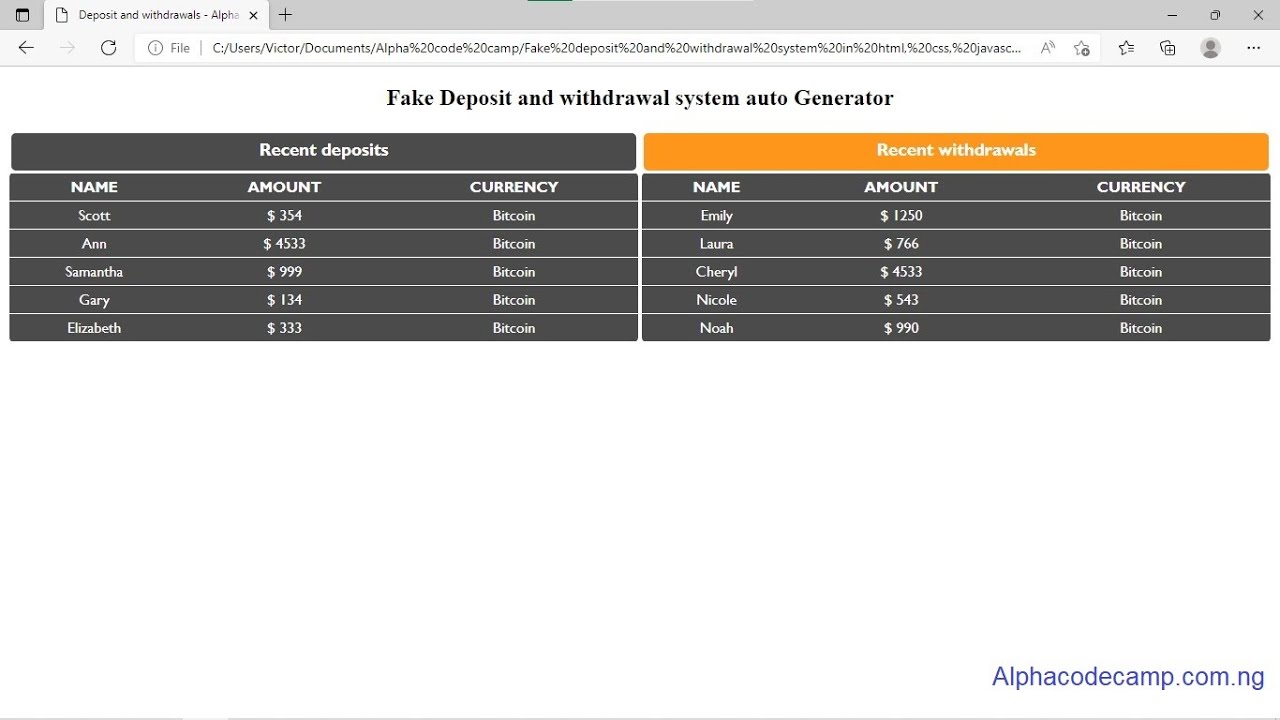 How to create a Deposit and withdrawal system auto Generator using html, css, Javascript