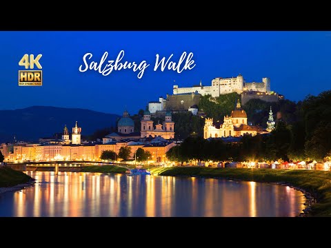 Salzburg, Austria 🇦🇹 - Walking in the Night around New Town area - 4K HDR