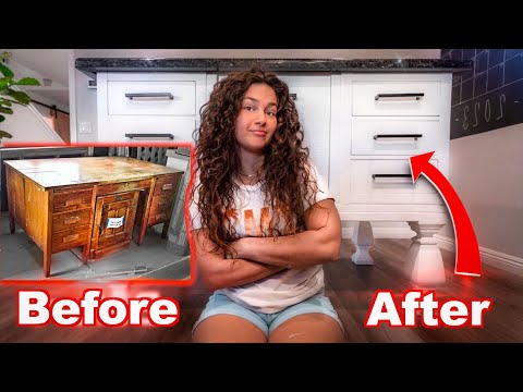 Woman sits cross‑legged between a worn wooden desk on the left (Before) and a bright white cabinet on the right (After), with a red arrow emphasizing the makeover.